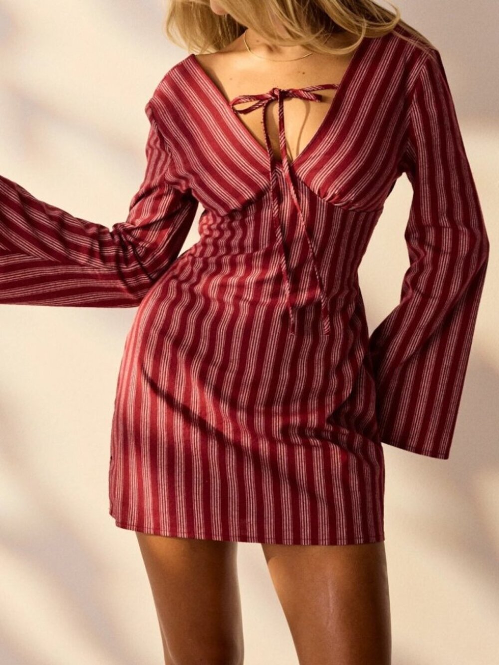 Burgundy Striped Tie-Front Mini Dress with Bell Sleeves